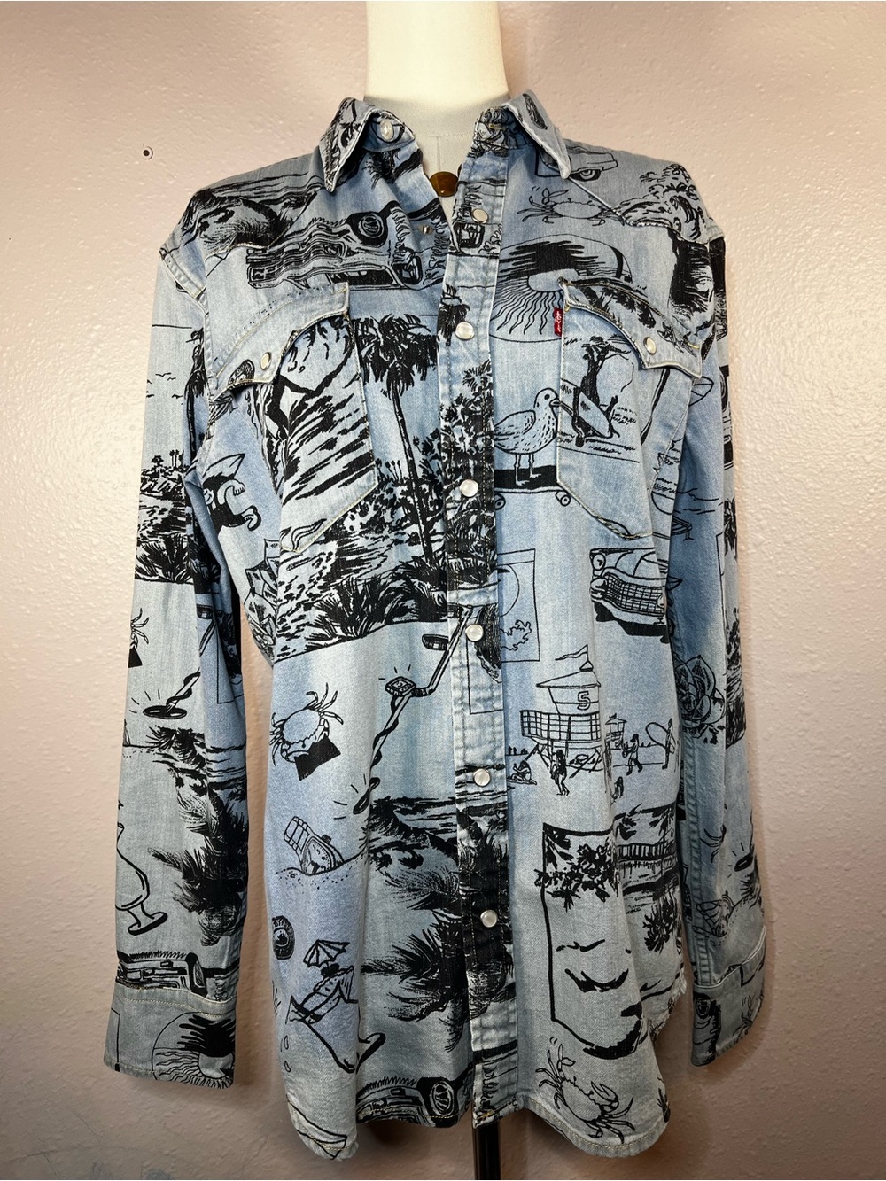 Levi's Blue Denim Printed Shirt Jacket with Black Scenic Print